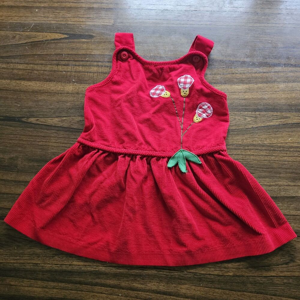Vintage Alyssa Red   Corduroy Jumper Dress Baby Flower Applique EUC